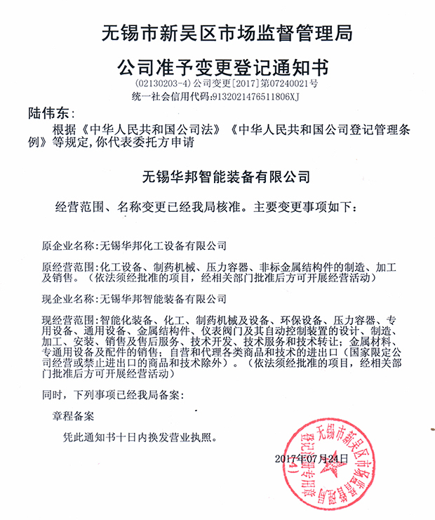無錫華邦化工設(shè)備有限公司變更通知！